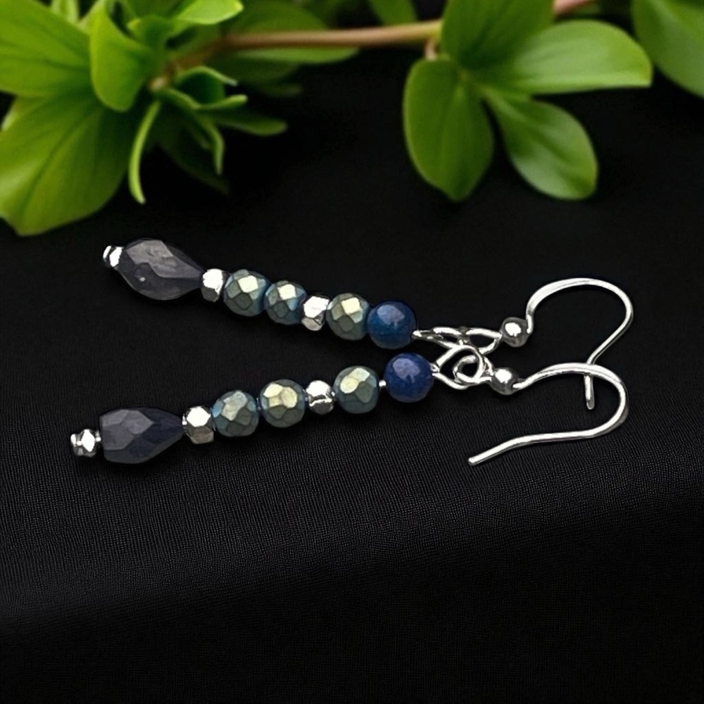 Handcrafted hematite, iolite & lapis Beaded Earrings - Picture 8 of 11